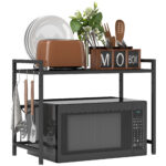 Porta Microonde Estensibile a 2 Livelli con 3 Ganci, in Metallo, 39,5-64x32x47,5 cm, Nero