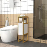 Mobile Bagno Salvaspazio con Porta Carta Igienica, Armadietto e Ripiano in Bambù, 20x33x80cm, Bianco - immagine 8