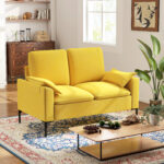 Divano 2 Posti Moderno con Cuscini e Rivestimento in Tessuto Spugna, 130x77x84 cm, Giallo - immagine 2