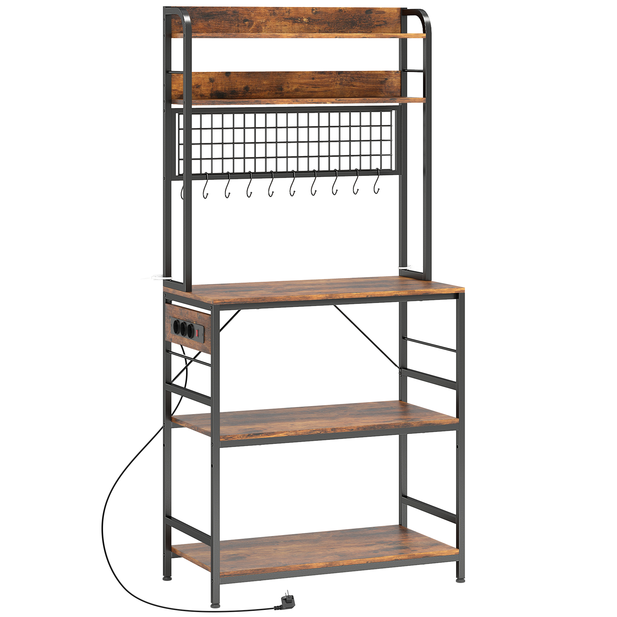 JPvb5619bd7c9456d.jpg Scaffale da Cucina con Stazione di Ricarica, 5 Ripiani e 10 Ganci a S, in Legno e Acciaio, 80x40x170 cm, Marrone - immagine 1