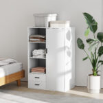 Armadio Moderno con 2 Cassetti, Ripiani Aperti e Vano Appendiabiti, 80x50x124 cm, Bianco - immagine 8