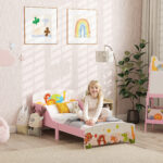 Lettino per Bambini 3+ Anni in Legno con Bordi Rialzati e Sponde di Sicurezza, 143x77x60 cm, Rosa - immagine 2