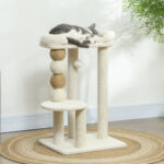 Torre per Gatti con Lettino, Piattaforma e Pallina Giocattolo, in Legno, Peluche e Iuta, 48,5x40x76 cm, Beige - immagine 2