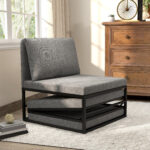 Poltrona Letto con Cuscino e Copertura Protettiva, in Tessuto Effetto Lino e Metallo, 66x70x74 cm, Grigio - immagine 2