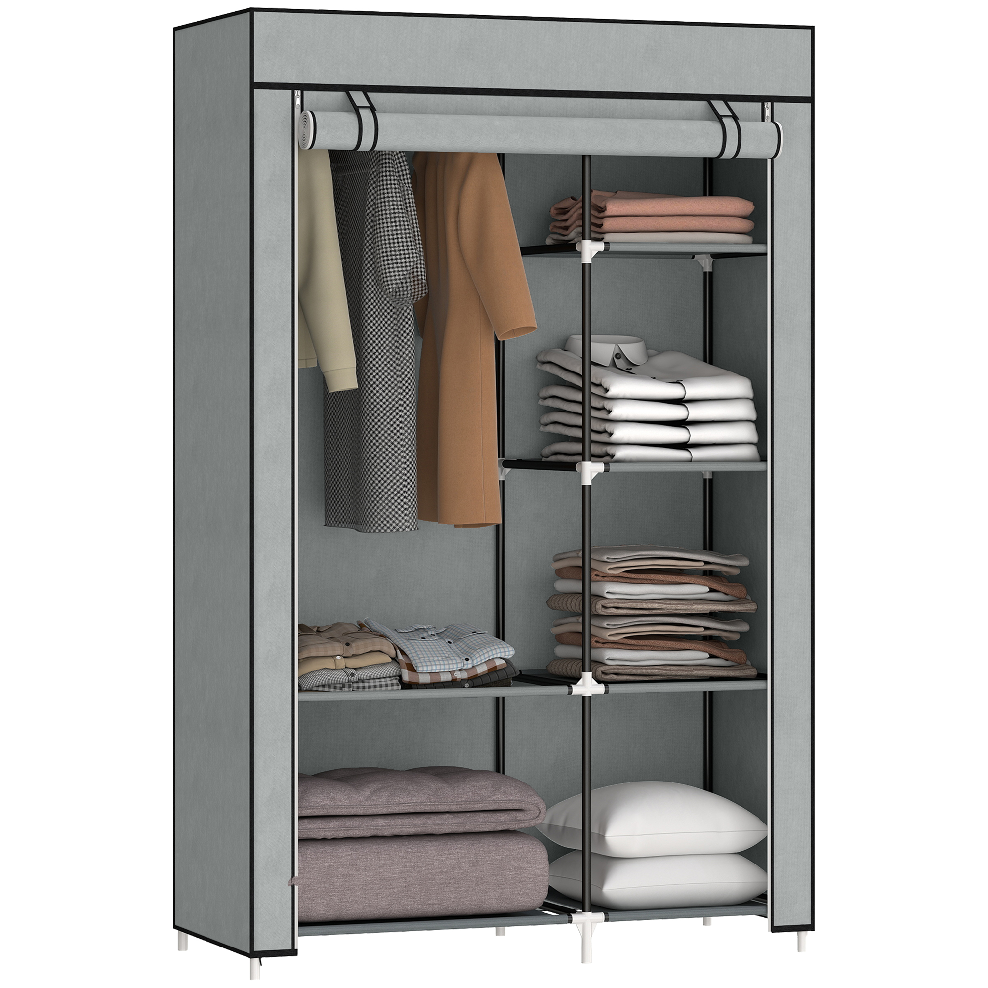 Kvkfb119624672337.jpg Armadio Guardaroba Portatile Tessuto non Tessuto con 6 Ripiani Aperti e un Appendino, 103x43x162,5 cm, Grigio - immagine 1