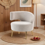 Sedia Moderna Rivestita in Chenille Bianco Crema con Schienale ad Arco, 69x65x67 cm - immagine 9
