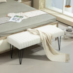 Panca Fondoletto Moderna con Gambe a Forcina, in Tessuto Effetto Ciniglia, Legno e Metallo, 118,5x46x49,5 cm, Crema - immagine 7