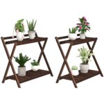 Set 2 Portapiante a 2 Livelli con Design a Doghe in Legno di Abete, 73x36x64 cm, Marrone Bruciato