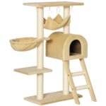 Tiragraffi per Gatti Multilivello con Amaca e Casetta, Corde in Sisal Naturale, 55×30×1cm