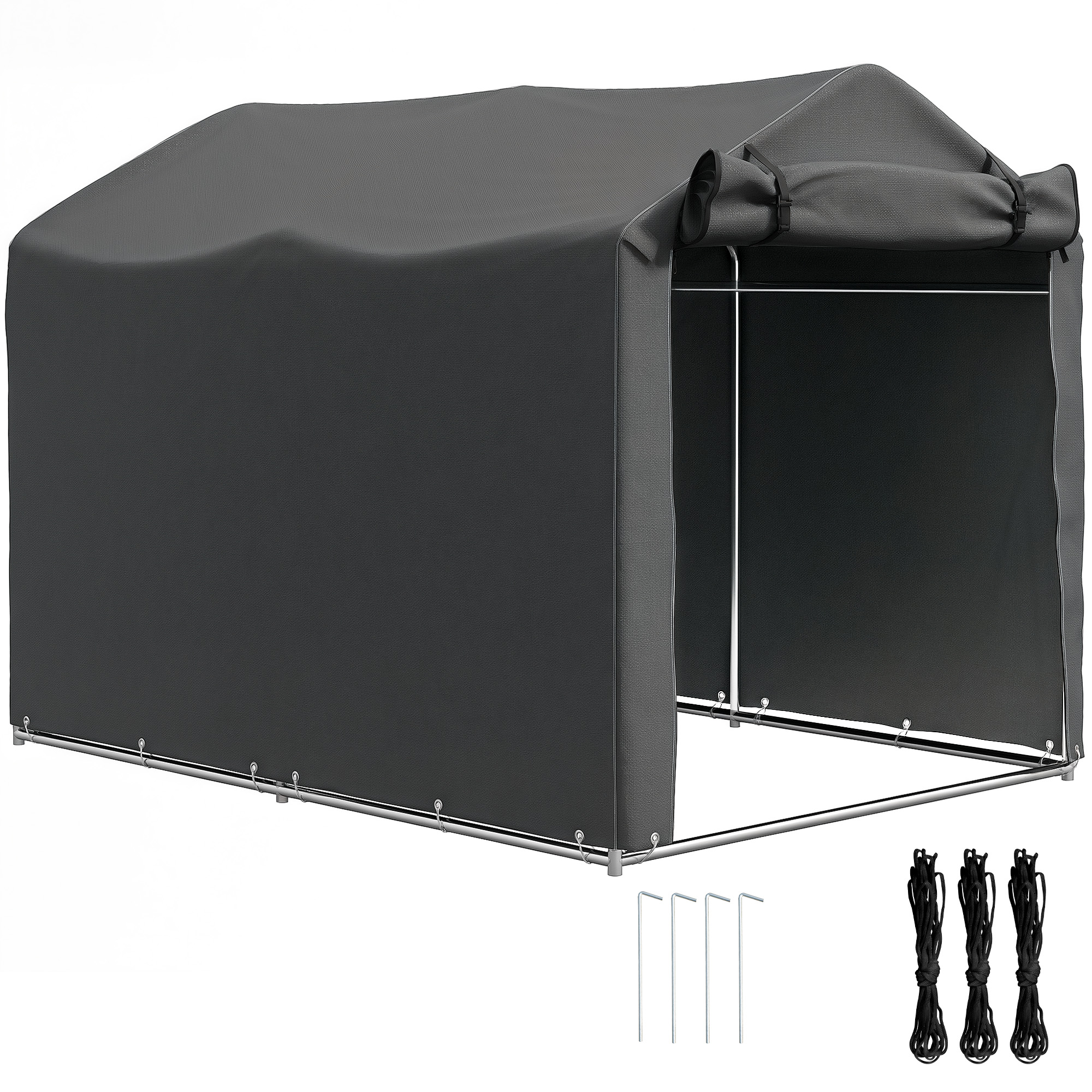 LzQbc619560e3f551.jpg Tenda Garage con Ingresso Avvolgibile, Corde e Picchetti, in Metallo Zincato e PE, 220x157x165 cm, Grigio Scuro - immagine 1