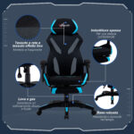 Sedia da Gaming con Supporto Lombare, Sedia Ufficio Ergonomica con Altezza Regolabile in Tessuto Nero e Blu, 65x65x119-129cm - immagine 8