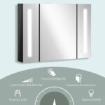 Armadietto con Specchio da Bagno a Parete in MDF con 3 Armadietti, 3 Ripiani e Luce LED, 90x15x65 cm, Nero - immagine 5