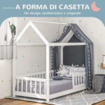 Struttura Letto per Bambini a Forma di Casetta con Doghe e Recinzione, in Legno di Pino, 96x195x165 cm, Bianco - immagine 4