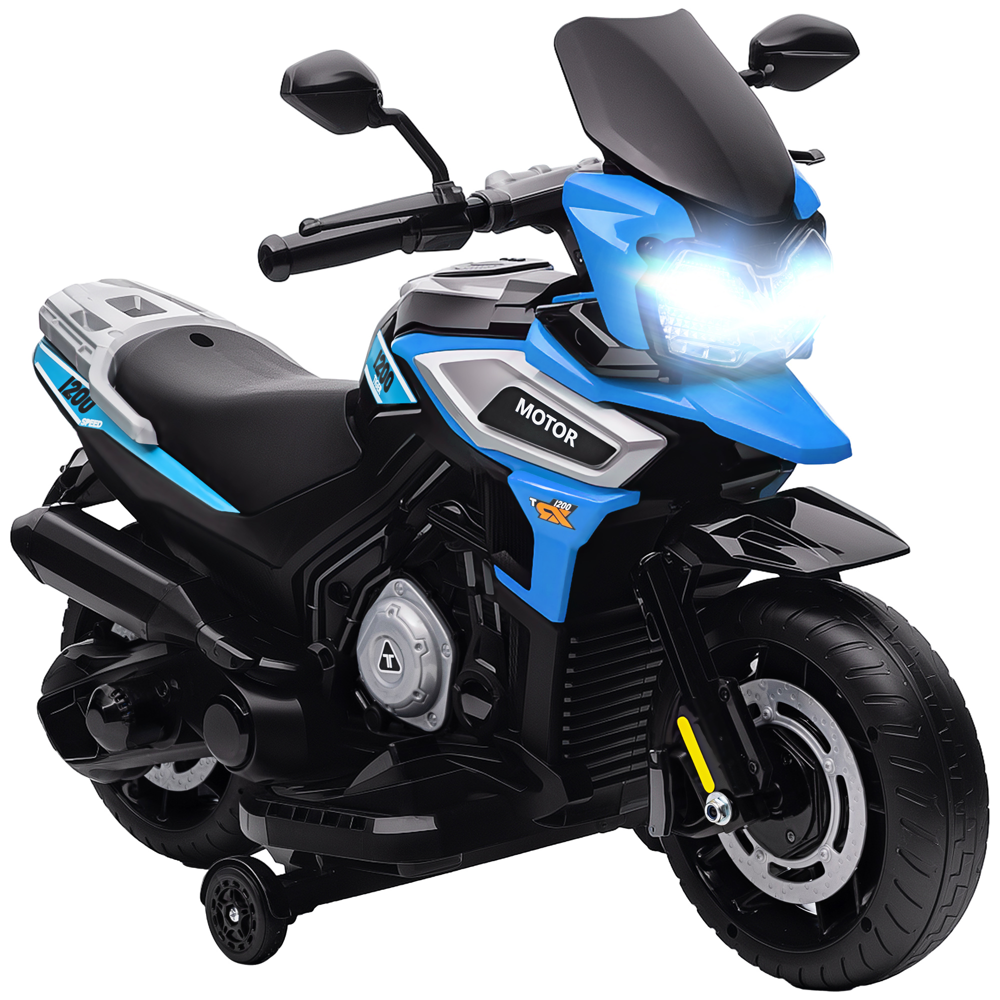 My19d219b589b13c1.jpg Moto Elettrica per Bambini con Rotelle, Specchietti e Poggiapiedi, in PP e Metallo, 85,5x44,5x56 cm, Blu - immagine 1