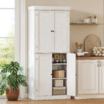 Mobile Cucina Alto con 6 Ripiani Regolabili e 2 Ante in Legno, 76x40,5x184 cm, Bianco - immagine 2