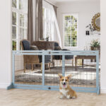 Cancellino per Cani Estensibile da Interno in Legno e Acciaio, 104-180x36x69cm, Blu-grigio - immagine 2