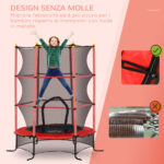 Trampolino Elastico per Bambini Ø1,6x1,9 m con Rete di Sicurezza e Pali Imbottiti, Età 3-10 Anni, Rosso - immagine 4