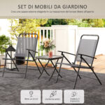 Set da Giardino con Tavolo con Piano in Vetro e 2 Sedie Pieghevoli con Schienale Regolabile, Grigio - immagine 4