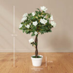 Pianta Finta di Rosa da 21 Fiori con Vaso Riempito in Cemento e Muschio, Pianta Artificiale Anti-UV in Plastica e Tessuto, Ø18x90 cm, Bianco e Verde - immagine 3
