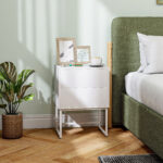 Comodino Moderno a 2 Cassetti con Apertura a Pressione, MDF e Acciaio, 40x30x50 cm, Bianco - immagine 2