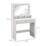 Tavolo da Trucco con Specchio e 10 Luci LED Regolabili, 2 Cassetti e 3 Scomparti, 80x40x135 cm, Bianco - immagine 3