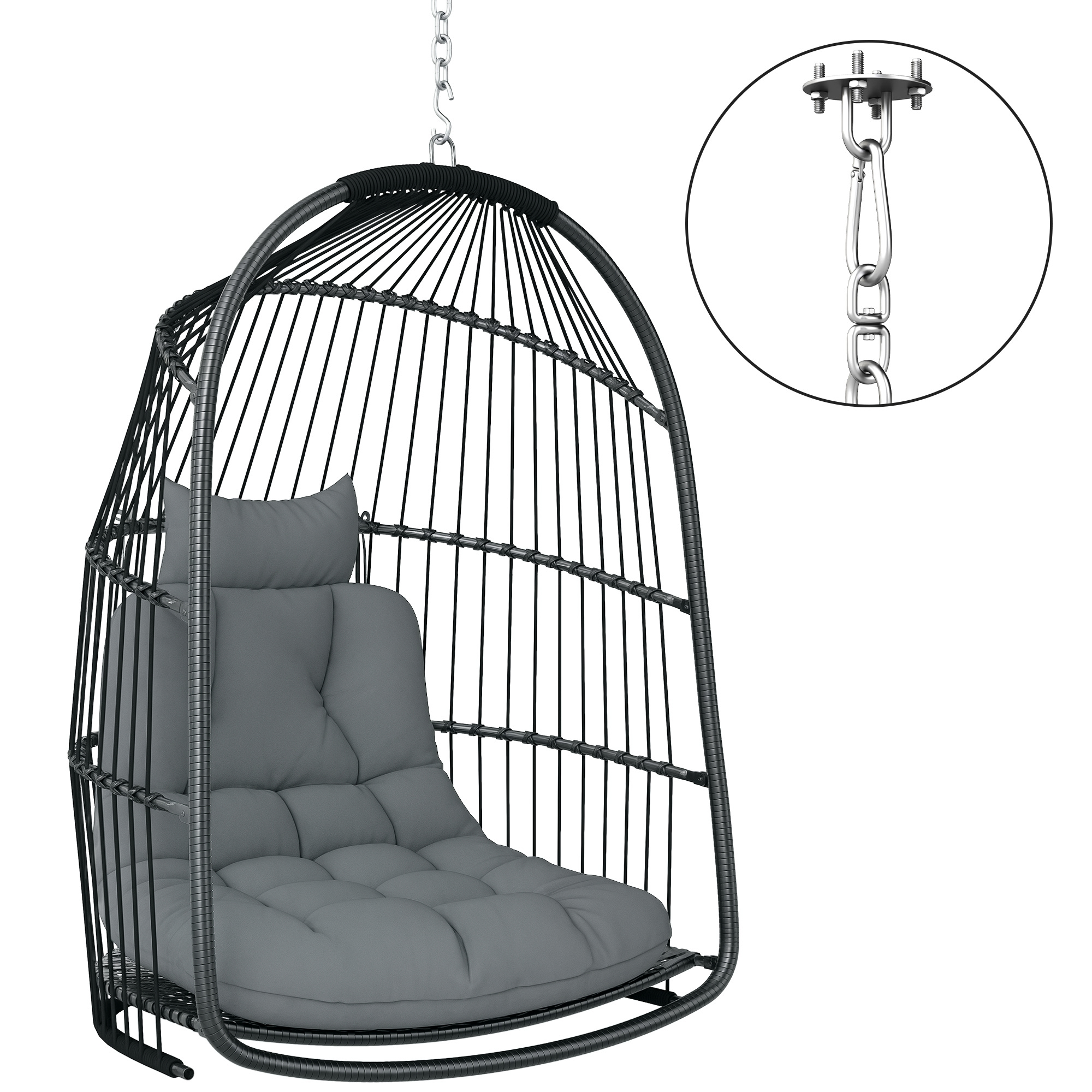 OP17881980864630f.jpg Sedia Sospesa a Dondolo Pieghevole da Interno ed Esterno con Cuscino e Poggiatesta, Grigio Scuro - immagine 1
