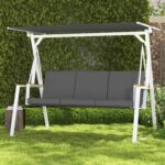 Dondolo da Giardino 3 Posti con Tettuccio Inclinabile, in Acciaio, 205x130x175 cm, Grigio Scuro - immagine 2
