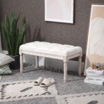 Panca Fondo Letto Imbottita con Rivestimento Effetto Lino e Gambe in Legno, 80x40x41cm, Beige - immagine 4