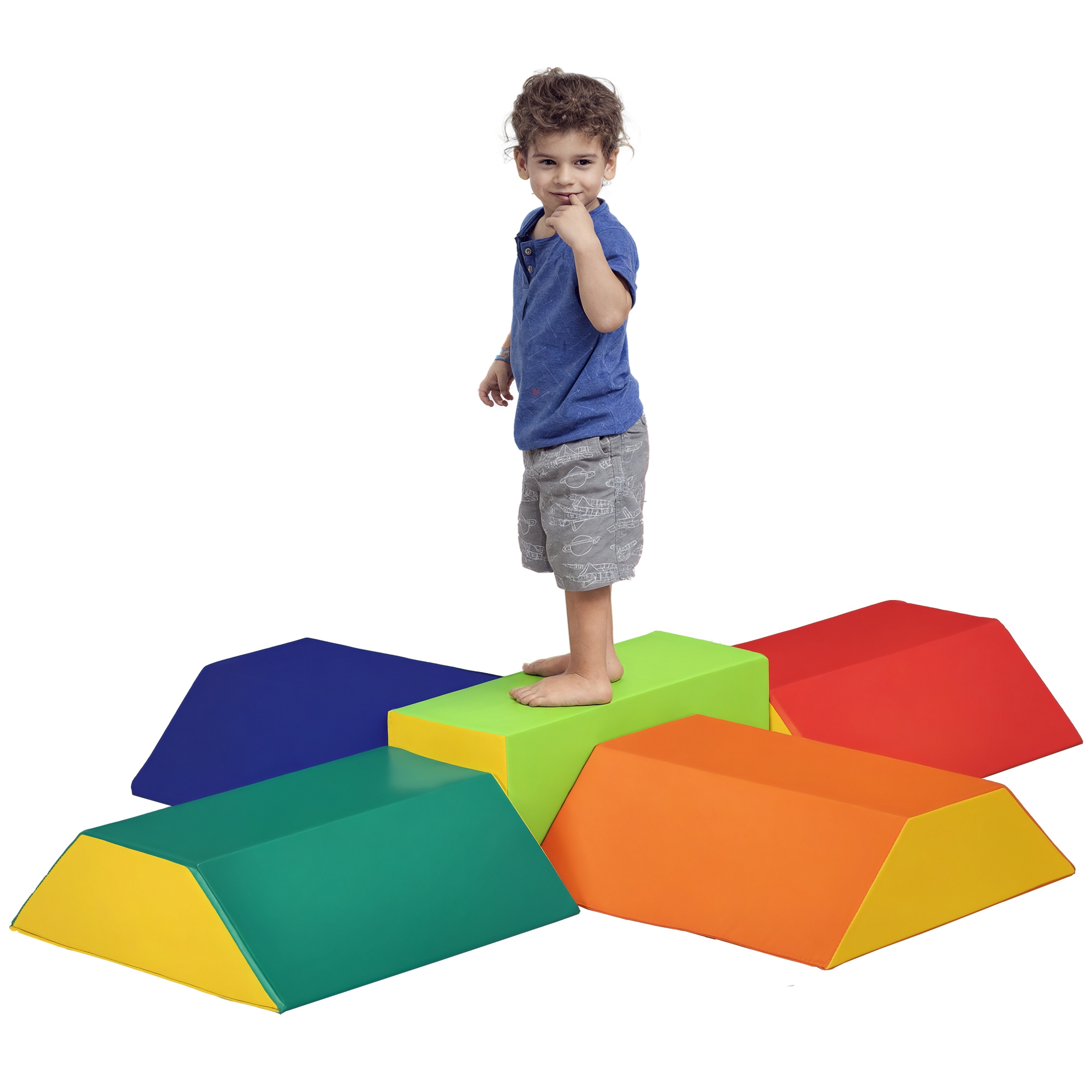 P5c9f41980d383525.jpg Set Costruzioni Morbide per Bambini con 5 Blocchi a Rettangolo e Trapezio, in PU e EPE, 48,3x19,1x48,3 cm, Multicolore - immagine 1