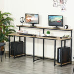 Scrivania Doppia con Scaffali e Mensola per Monitor in Stile Industriale, Scrivania con Libreria Salvaspazio per Ufficio e Studio in Metallo e MDF, 2x53x1cm, Nero Marrone - immagine 2