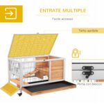 Conigliera in Legno con 4 Ruote, Casetta per Conigli e Rampa, 90x53x59cm, Giallo - immagine 5
