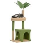 Albero Tiragraffi per Gatti con Casetta, Lettino e 2 Palline, in Legno e Poliestere, 44x30x98 cm, Verde e Marrone