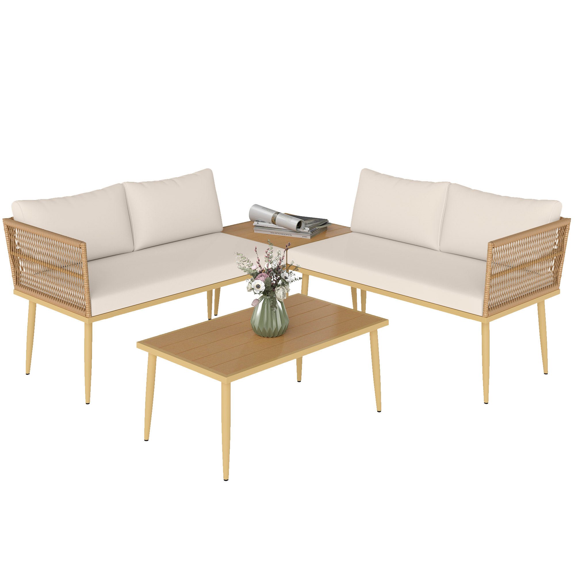 QM2a891969fcb145c.jpg Set Salotto da Esterno in Rattan PE con 2 Divani a 2 Posti con Cuscini e 2 Tavoli da Caffè, Colore Legno - immagine 1