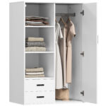 Armadio Moderno con 2 Cassetti, Ripiani Aperti e Vano Appendiabiti, 80x50x124 cm, Bianco