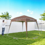 Gazebo Pieghevole da Giardino 2,4x2,4m con Struttura in Acciaio e Corde Antivento, Caffè - immagine 3