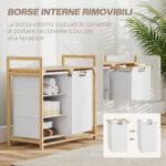 Cesto Portabiancheria con 2 Borse Estraibili, Maniglie e Ripiano in Bambù, 70x36x70 cm, Bianco - immagine 5