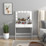 Tavolo da Trucco con Specchio e 10 Luci LED Regolabili, 2 Cassetti e 3 Scomparti, 80x40x135 cm, Bianco - immagine 2