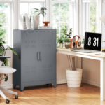 Mobiletto Multiuso 2 Ante Stile Industriale in Metallo per Casa e Garage, 75x33x110cm, Grigio - immagine 5