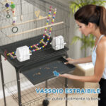 Gabbia per Uccelli con Piedistallo, Ruote Girevoli, Ripiano e Accessori, 46x36x120 cm, Nero - immagine 5