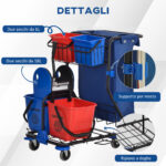 Carrello Pulizie con Sacco per Immondizia, 4 Secchi e Strizzatore per Mocio, 93x80x97 cm, Rosso Blu e Nero - immagine 7