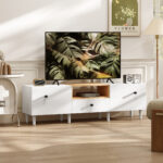 Mobile TV 70" max con 2 Ante a Ribalta, Cassetto e Scaffale Aperto, in Legno, 150x35x45 cm, Bianco e color Legno - immagine 2