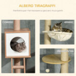 Albero per Gatti in Truciolato ad Altezza Regolabile con Tiragraffi, Casetta, Amaca e Pallina, 40x40x225-285 cm - immagine 4