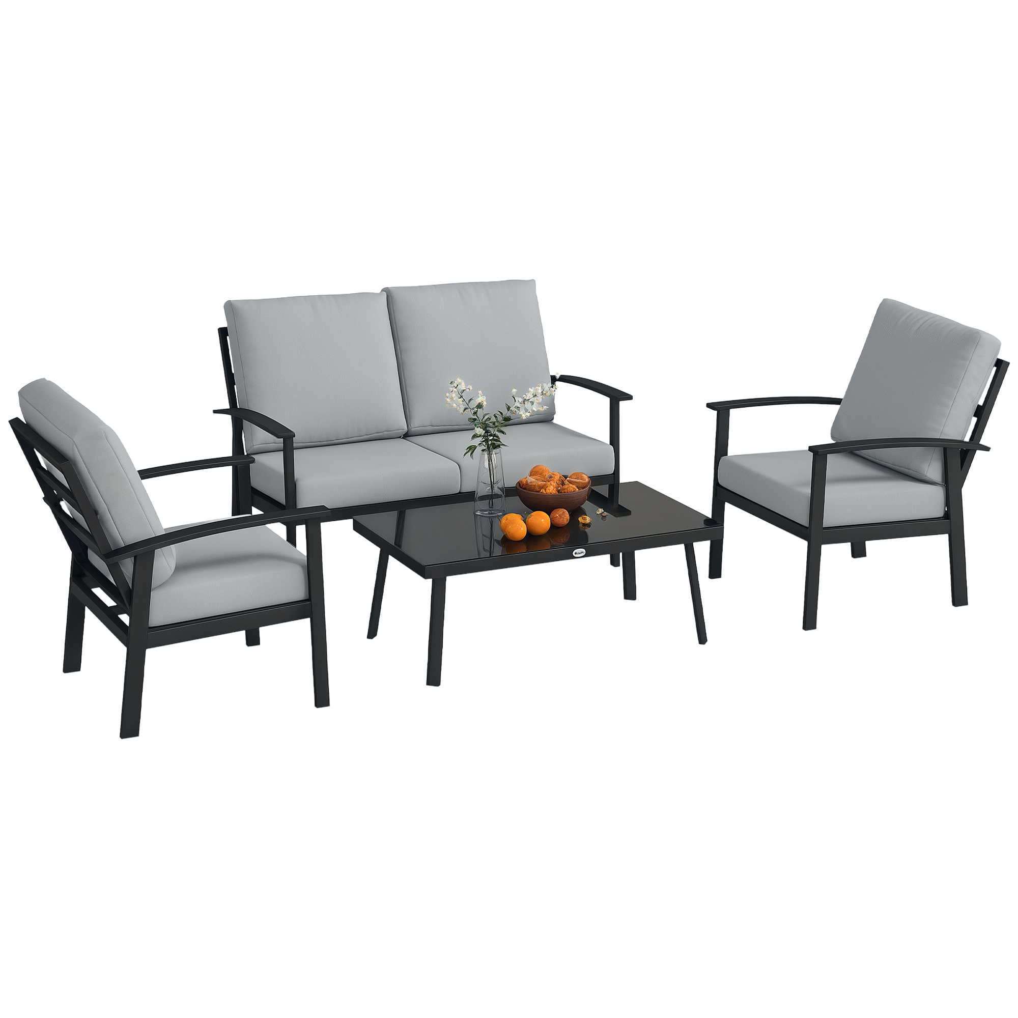 SGw02d1971f77034c.png Set da Giardino 4 Pezzi con 2 Poltroncine, Divano 2 Posti e Tavolino, in Alluminio e Fibra, Grigio Carbone - immagine 1