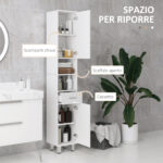 Colonna Bagno con Cassetto, 2 Ripiani Aperti e 2 Armadietti a 2 Livelli, in Legno, 30x30x180 cm, Bianco Lucido - immagine 4