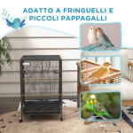 Gabbia per Uccelli in Acciaio e PP con 5 Porte, 2 Posatoi e Vassoio Estraibile, 48x46x78 cm, Grigio - immagine 8
