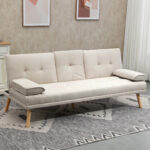 Divano Letto 3 Posti Reclinabile con Rivestimento Effetto Lino e Tavolino a Ribalta, Beige - immagine 2