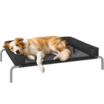 Lettino per Cani Rialzato di 19,5 cm con Cuscino a U, in Poliestere e Acciaio, 110x75x30 cm, Nero e Argento