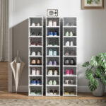 Scarpiera con 8 Contenitori per Scarpe Impilabili e Pieghevoli con Pannello Trasparente, Bianco - immagine 7