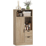 Mobile Bagno Salvaspazio Slim con 2 Cassetti, Ripiani e Armadietto, 50x25x1 cm, Legno Naturale