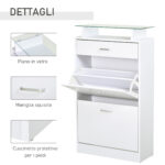 Mobile Scarpiera in Legno con 2 Ante a 2 Livelli, Cassetto e Ripiano in Vetro 60x24x105,5 cm, Bianco - immagine 7
